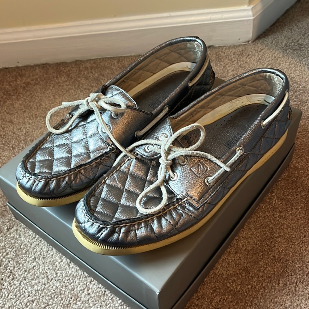 Silver Sperry Loafers sz 10